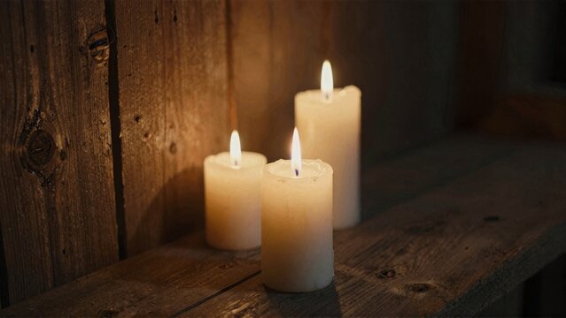 Lit candles on wooden surface with warm glow - Powered by Adobe