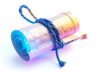 Rolled paper scroll tied with blue cord, glowing and iridescent