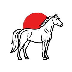 Obraz premium Full body white horse standing side view with red sun circle background. Japanese style vector illustration line art symbol for logo or emblem