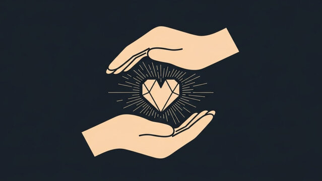 A vector graphic illustration of two hands cradling a heart with lines radiating from it