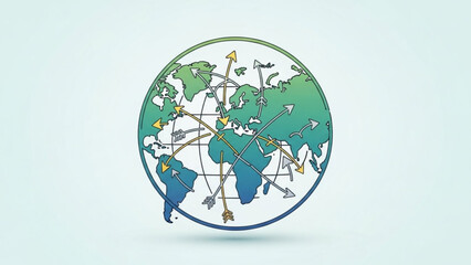 A colorful vector graphic illustration of a globe with arrows pointing in various directions, symbolizing global connections and international travel.