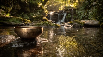 Tibetan Singing Bowl in Forest Stream