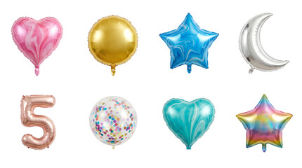 Balloon set including heart, star, moon, circle, number five, and confetti variants isolated. Celebration and party decoration collection.