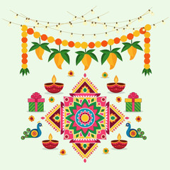 Festive Diwali Decoration with Rangoli and Hanging Garlands Illustration