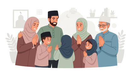 Happy Muslim family gathering for Eid celebration with warm greetings and joyous atmosphere