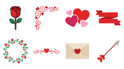 Valentine's day decoration set including rose, heart, wreath, envelope, ribbon, and arrow elements isolated. Romantic celebration and wedding ornaments.