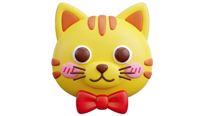 Cute 3D Yellow Cat Face with Red Bow Tie