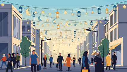 Festive City Street Scene with Hanging Lanterns and Crescent Moon Decorations, Diverse Crowd Enjoying a Special Cultural Gathering in the Evening