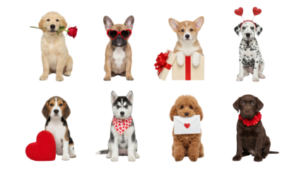 Puppy breed set including golden retriever, bulldog, corgi, dalmatian, beagle, husky, poodle, and labrador dogs with valentine accessories isolated. Festive animal and pet collection.