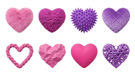 Heart shape collection including plush, yarn, spiked, quilted, twisted, crumpled, matte, and woven textures isolated. Romantic decorative elements for valentines and love design.