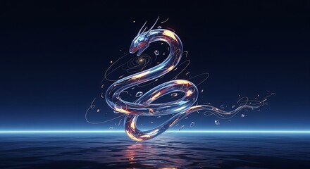 Abstract Serpent Sculpture with Glowing Particles and Water Reflection