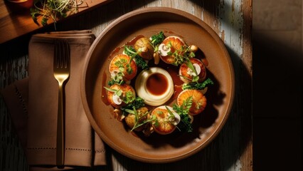 A beautifully plated dish featuring golden brown spheres and vibrant green garnish