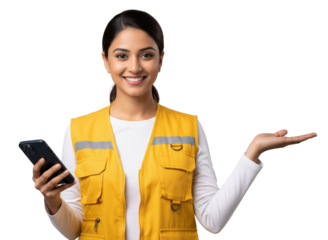 young indian female engineer holding smartphone
