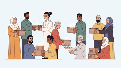 Diverse community members engage in a compassionate act of giving, sharing essential aid and fostering unity through collective support