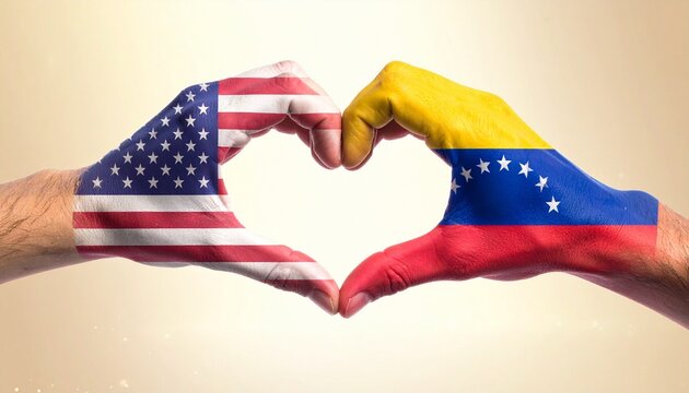 US&ndash;Venezuela flag hands forming heart&mdash;symbol of unity and friendship.