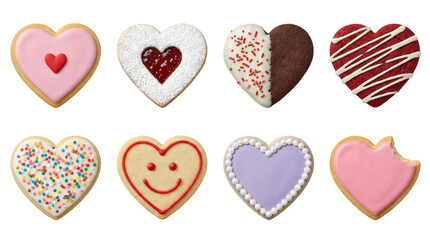 Heart shaped sugar cookie set including pink frosting, jam filled, chocolate drizzle, sprinkles, and smiley face designs isolated. Valentine and holiday dessert collection.