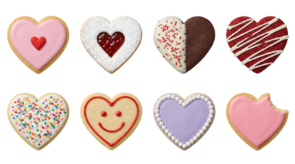 Heart shaped sugar cookie set including pink frosting, jam filled, chocolate drizzle, sprinkles, and smiley face designs isolated. Valentine and holiday dessert collection.