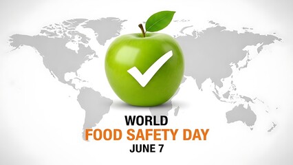 World food safety day june 7th concept with green apple and checkmark over world map