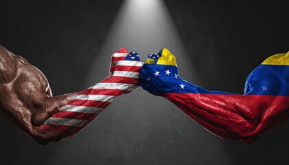 Arm-wrestling clash with US and Venezuela flag arms.