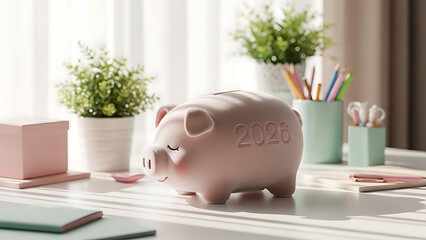 Charming pink piggy bank marked '2020' sitting on a sunlit desk, representing smart savings and financial planning for future aspirations