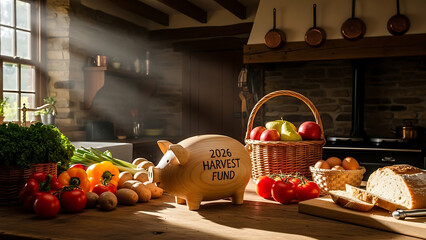 Sunlit kitchen counter featuring a 'Harvest Fund' piggy bank nestled among an abundant spread of fresh produce, symbolizing future savings for seasonal bounty and wholesome living