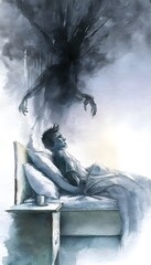 Fototapeta premium Eerie watercolor portrait a sleeping man haunted by a spectral ghost bedroom scene