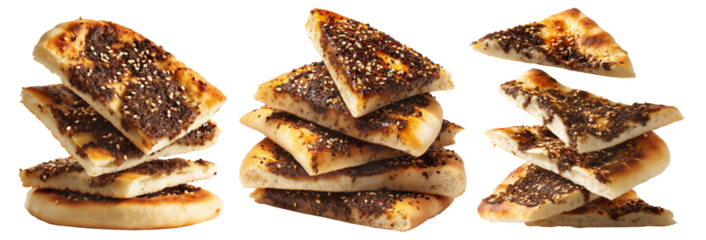 Triangular manakish flatbreads bread slices topped with za'atar, cheese and sesame seeds, isolated on white transparent background