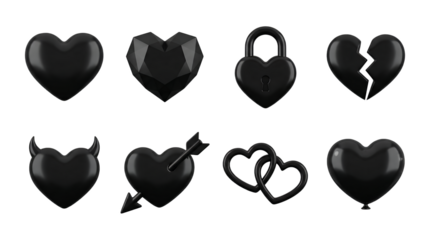 Black heart set including 3d glossy, faceted, padlock, broken, devil, cupid arrow, interlocking, and balloon shapes isolated. Dark romantic icons for valentines day.