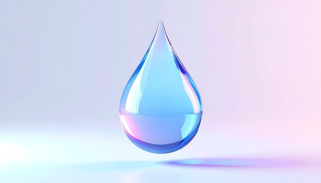 Realistic, translucent, blue water droplet against a gradient background