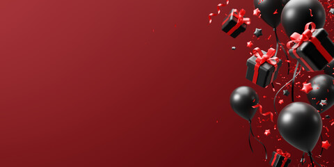 Black friday sale banner design of balloons and gift box with confetti on red background 3D render