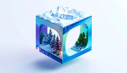 A 3D cube revealing winter landscapes inside its transparent faces