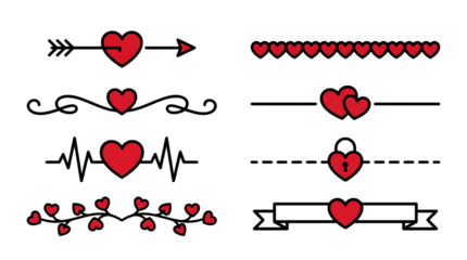 Red heart divider set including arrow, heartbeat, scroll, lock, and ribbon elements isolated. Romantic decorative border collection for valentine or wedding design.