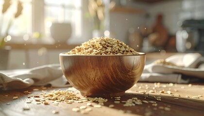 A wooden bowl overflowing with rolled oats on a sunlit kitchen table