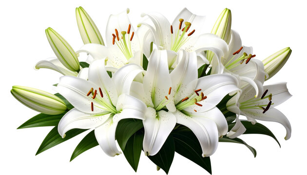 Isolated on a white background, this closeup of a bouquet of white lilies showcases the floral beauty of a blooming spring plant with delicate petals, fresh green leaves, and a yellow bud