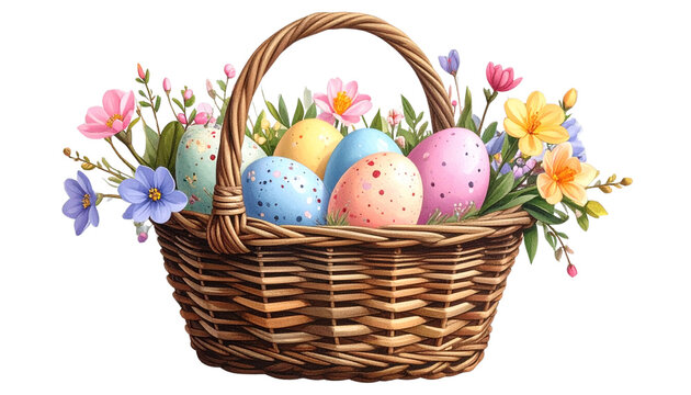 A traditional wicker basket filled with colorful painted Easter eggs rests on green spring grass as a seasonal holiday decoration for the celebration