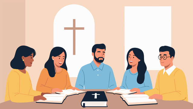 Christian faith vector illustration of a diverse group of people studying the bible together in a meeting