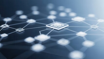 Perspective view of centralized microchip architecture within distributed blockchain network showing data blocks and encrypted connections for secure digital transactions and computing infrastructure
