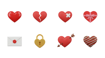 Red heart set including broken, bandaged, gift box, envelope, lock, arrow, and chocolate variants. Valentine and romantic love collection.