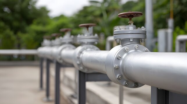 A parallel row of silver industrial pipes with prominent valves is mounted on stands extending into the distance under an overcast sky