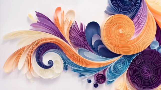 Vibrant paper quilling shapes in warm and cool tones sweep across frame creating dynamic floral inspired abstract artwork perfect for branding invitations or creative lifestyle content