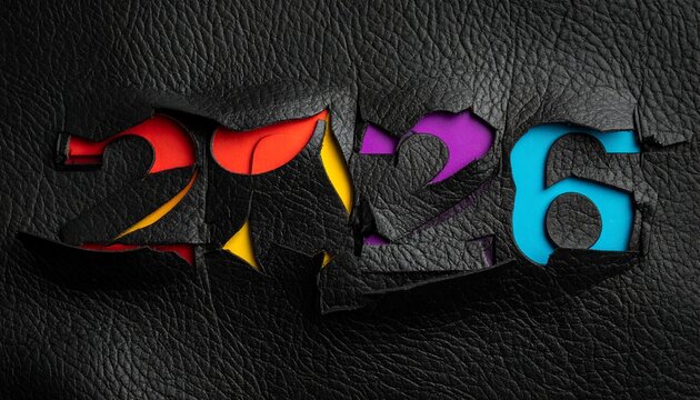 Cut leather revealing colorful numbers, forming a year - Powered by Adobe