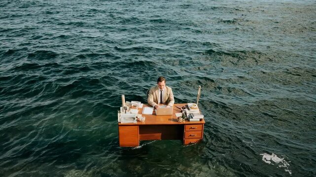 Person sits at tiny wooden desk floating alone on open sea water symbolizing remote work isolation creativity and freedom of digital nomad lifestyle or imaginative storytelling
