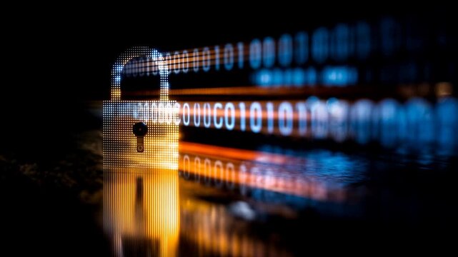 Cyber security concept with glowing padlock icon surrounded by flowing binary code and blue light trails symbolizing data protection privacy online safety and digital network defense