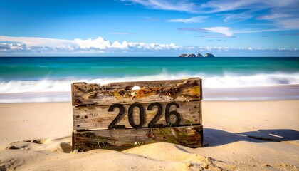 Sandy beach scene with a wooden crate marked "2026" and ocean backdrop