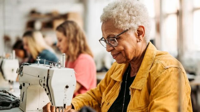 Senior woman in yellow jacket works at sewing machine beside younger colleague in busy studio showing creative teamwork craftsmanship small business and intergenerational collaboration