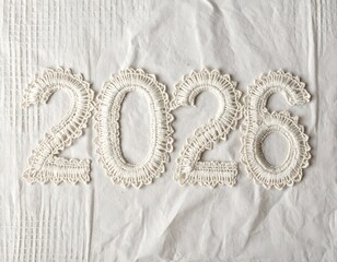 Intricate lace numerals spell "2026" on textured white fabric