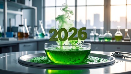 Futuristic lab scene green liquid erupts with smoke, 2026 above