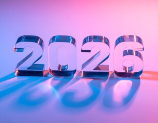 Transparent, reflective, number 2026 casts shadows on a gradient backdrop