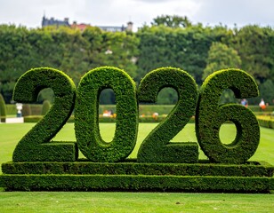 Topiary of the numbers 2026, set in manicured garden