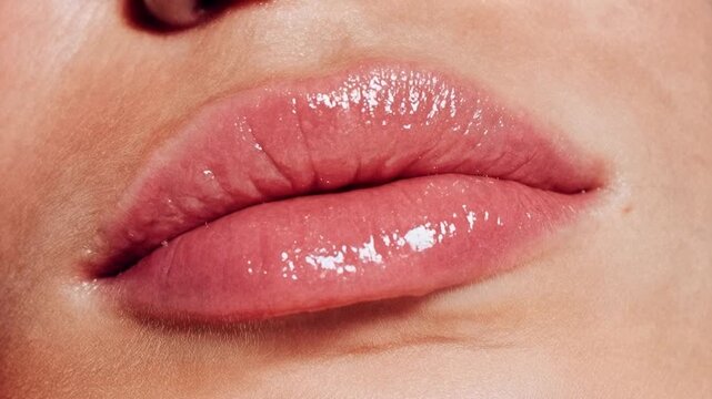 Closeup of glossy lips with natural makeup slightly parted revealing teeth highlighting beauty cosmetics sensuality and skincare in elegant macro shot for advertising or editorial use